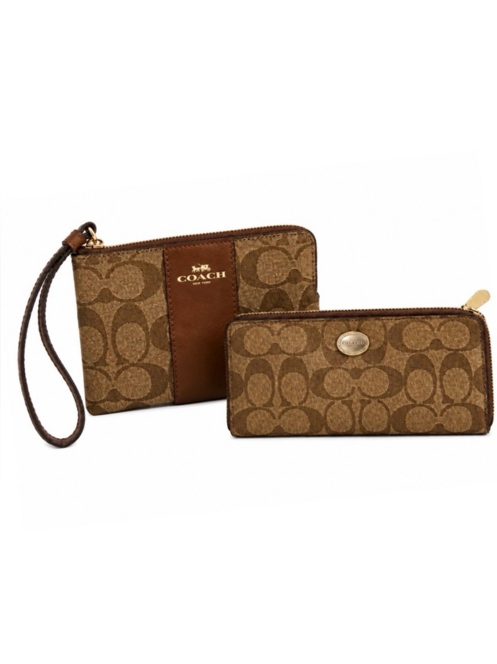 COACH Signature Canvas Wristlet & Zip Wallet Duo Set Brown Tan Bundle ✨